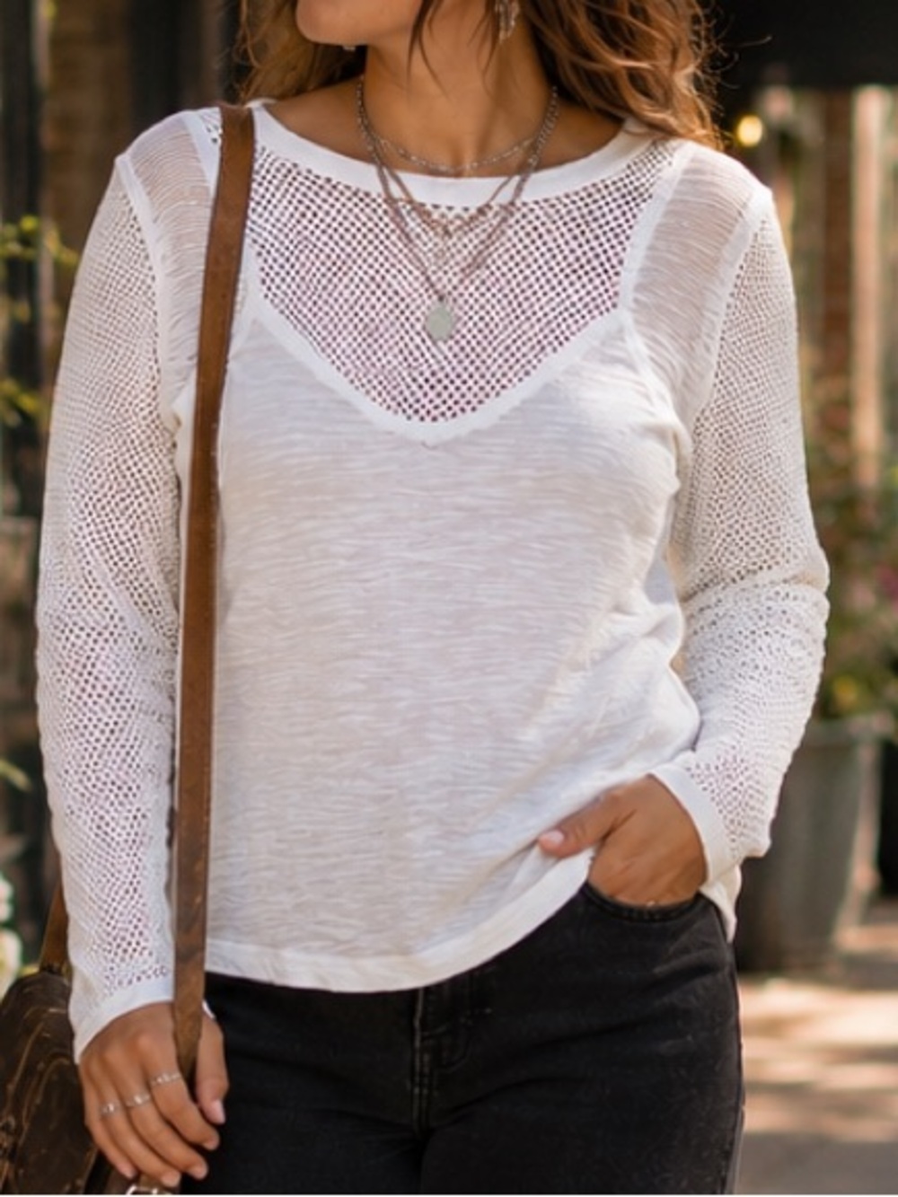 Free People We The Free Mesh Panel Long Sleeve Top NWT XL White
